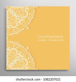 Invitation or Card template with lacy border pattern, cutout paper, mandala frame element. Decorative openwork filigree art, lace background for Wedding, Valentine's day greeting cards, Birthday Invit
