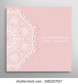 Invitation or Card template with lacy border pattern, cutout paper, mandala frame element. Decorative openwork filigree art, lace background for Wedding, Valentine's day greeting cards, Birthday Invit