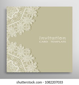 Invitation or Card template with lacy border pattern, cutout paper, mandala frame element. Decorative openwork filigree art, lace background for Wedding, Valentine's day greeting cards, Birthday Invit