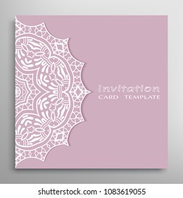 Invitation or Card template with lacy border pattern, cutout paper, mandala frame element. Decorative openwork filigree art, lace background for Wedding, Valentine's day greeting cards, Birthday Invit