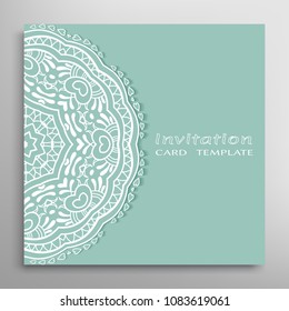 Invitation or Card template with lacy border pattern, cutout paper, mandala frame element. Decorative openwork filigree art, lace background for Wedding, Valentine's day greeting cards, Birthday Invit