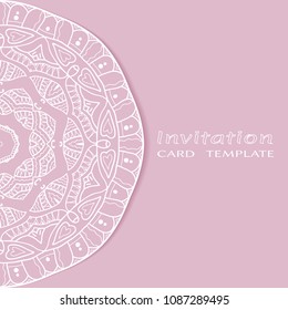 Invitation or Card template with lacy border pattern, cutout paper, mandala frame element. Decorative openwork filigree art, lace background for Wedding, Valentine's day greeting cards, Birthday Invit
