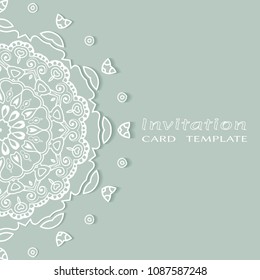 Invitation or Card template with lacy border pattern, cutout paper, mandala frame element. Decorative openwork filigree art, lace background for Wedding, Valentine's day greeting cards, Birthday Invit