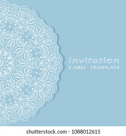 Invitation or Card template with lacy border pattern, cutout paper, mandala frame element. Decorative openwork filigree art, lace background for Wedding, Valentine's day greeting cards, Birthday Invit