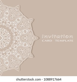 Invitation or Card template with lacy border pattern, cutout paper, mandala frame element. Decorative openwork filigree art, lace background for Wedding, Valentine's day greeting cards, Birthday Invit