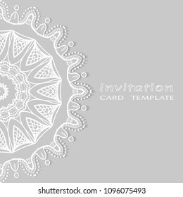 Invitation or Card template with lacy border pattern, cutout paper, mandala frame element. Decorative openwork filigree art, lace background for Wedding, Valentine's day greeting cards, Birthday Invit