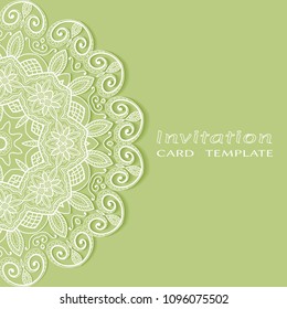 Invitation or Card template with lacy border pattern, cutout paper, mandala frame element. Decorative openwork filigree art, lace background for Wedding, Valentine's day greeting cards, Birthday Invit