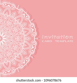 Invitation or Card template with lacy border pattern, cutout paper, mandala frame element. Decorative openwork filigree art, lace background for Wedding, Valentine's day greeting cards, Birthday Invit