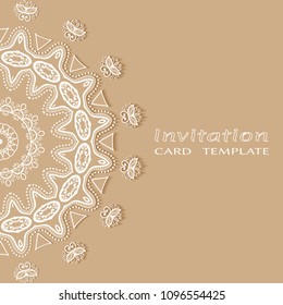 Invitation or Card template with lacy border pattern, cutout paper, mandala frame element. Decorative openwork filigree art, lace background for Wedding, Valentine's day greeting cards, Birthday Invit