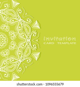Invitation or Card template with lacy border pattern, cutout paper, mandala frame element. Decorative openwork filigree art, lace background for Wedding, Valentine's day greeting cards, Birthday Invit