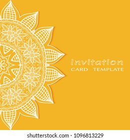 Invitation or Card template with lacy border pattern, cutout paper, mandala frame element. Decorative openwork filigree art, lace background for Wedding, Valentine's day greeting cards, Birthday Invit