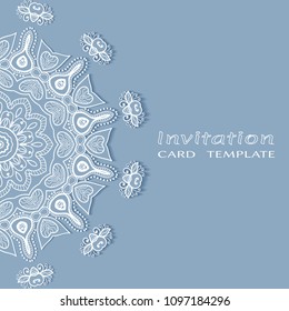 Invitation or Card template with lacy border pattern, cutout paper, mandala frame element. Decorative openwork filigree art, lace background for Wedding, Valentine's day greeting cards, Birthday Invit