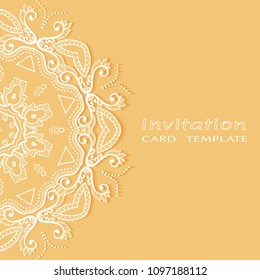 Invitation or Card template with lacy border pattern, cutout paper, mandala frame element. Decorative openwork filigree art, lace background for Wedding, Valentine's day greeting cards, Birthday Invit