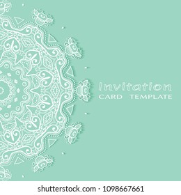 Invitation or Card template with lacy border pattern, cutout paper, mandala frame element. Decorative openwork filigree art, lace background for Wedding, Valentine's day greeting cards, Birthday Invit
