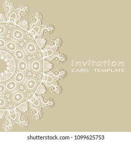 Invitation or Card template with lacy border pattern, cutout paper, mandala frame element. Decorative openwork filigree art, lace background for Wedding, Valentine's day greeting cards, Birthday Invit