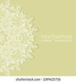 Invitation or Card template with lacy border pattern, cutout paper, mandala frame element. Decorative openwork filigree art, lace background for Wedding, Valentine's day greeting cards, Birthday Invit