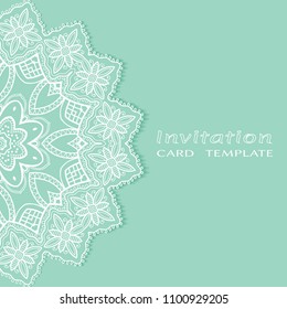 Invitation or Card template with lacy border pattern, cutout paper, mandala frame element. Decorative openwork filigree art, lace background for Wedding, Valentine's day greeting cards, Birthday Invit