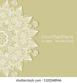 Invitation or Card template with lacy border pattern, cutout paper, mandala frame element. Decorative openwork filigree art, lace background for Wedding, Valentine's day greeting cards, Birthday Invit
