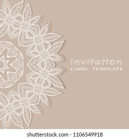 Invitation or Card template with lacy border pattern, cutout paper, mandala frame element. Decorative openwork filigree art, lace background for Wedding, Valentine's day greeting cards, Birthday Invit