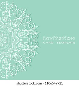Invitation or Card template with lacy border pattern, cutout paper, mandala frame element. Decorative openwork filigree art, lace background for Wedding, Valentine's day greeting cards, Birthday Invit