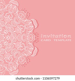 Invitation or Card template with lacy border pattern, cutout paper, mandala frame element. Decorative openwork filigree art, lace background for Wedding, Valentine's day greeting cards, Birthday Invit