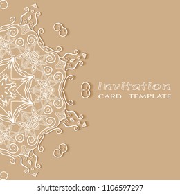 Invitation or Card template with lacy border pattern, cutout paper, mandala frame element. Decorative openwork filigree art, lace background for Wedding, Valentine's day greeting cards, Birthday Invit
