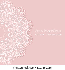 Invitation or Card template with lacy border pattern, cutout paper, mandala frame element. Decorative openwork filigree art, lace background for Wedding, Valentine's day greeting cards, Birthday Invit