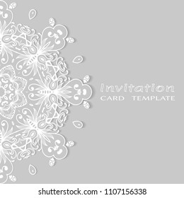 Invitation or Card template with lacy border pattern, cutout paper, mandala frame element. Decorative openwork filigree art, lace background for Wedding, Valentine's day greeting cards, Birthday Invit