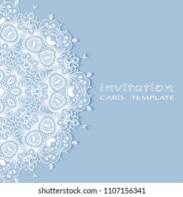 Invitation or Card template with lacy border pattern, cutout paper, mandala frame element. Decorative openwork filigree art, lace background for Wedding, Valentine's day greeting cards, Birthday Invit
