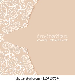 Invitation or Card template with lacy border pattern, cutout paper, mandala frame element. Decorative openwork filigree art, lace background for Wedding, Valentine's day greeting cards, Birthday Invit
