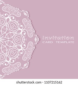 Invitation or Card template with lacy border pattern, cutout paper, mandala frame element. Decorative openwork filigree art, lace background for Wedding, Valentine's day greeting cards, Birthday Invit