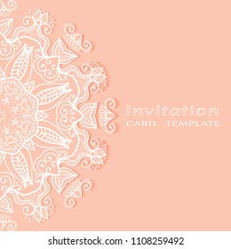 Invitation or Card template with lacy border pattern, cutout paper, mandala frame element. Decorative openwork filigree art, lace background for Wedding, Valentine's day greeting cards, Birthday Invit