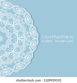 Invitation or Card template with lacy border pattern, cutout paper, mandala frame element. Decorative openwork filigree art, lace background for Wedding, Valentine's day greeting cards, Birthday Invit