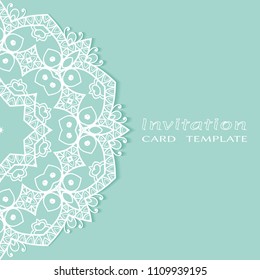 Invitation or Card template with lacy border pattern, cutout paper, mandala frame element. Decorative openwork filigree art, lace background for Wedding, Valentine's day greeting cards, Birthday Invit