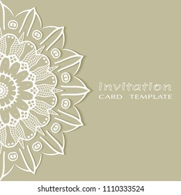 Invitation or Card template with lacy border pattern, cutout paper, mandala frame element. Decorative openwork filigree art, lace background for Wedding, Valentine's day greeting cards, Birthday Invit