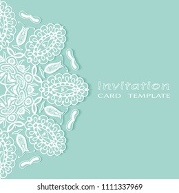 Invitation or Card template with lacy border pattern, cutout paper, mandala frame element. Decorative openwork filigree art, lace background for Wedding, Valentine's day greeting cards, Birthday Invit