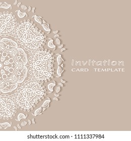 Invitation or Card template with lacy border pattern, cutout paper, mandala frame element. Decorative openwork filigree art, lace background for Wedding, Valentine's day greeting cards, Birthday Invit