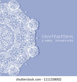 Invitation or Card template with lacy border pattern, cutout paper, mandala frame element. Decorative openwork filigree art, lace background for Wedding, Valentine's day greeting cards, Birthday Invit