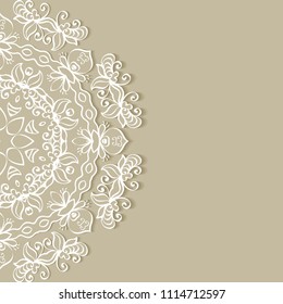 Invitation or Card template with lacy border pattern, cutout paper, mandala frame element. Decorative openwork filigree art, lace background for Wedding, Valentine's day greeting cards, Birthday Invit