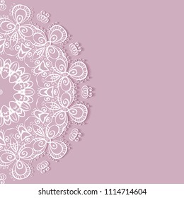 Invitation or Card template with lacy border pattern, cutout paper, mandala frame element. Decorative openwork filigree art, lace background for Wedding, Valentine's day greeting cards, Birthday Invit