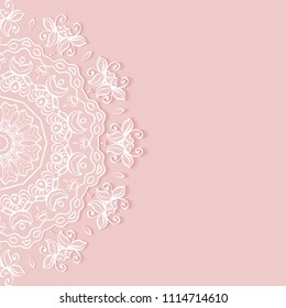 Invitation or Card template with lacy border pattern, cutout paper, mandala frame element. Decorative openwork filigree art, lace background for Wedding, Valentine's day greeting cards, Birthday Invit