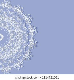 Invitation or Card template with lacy border pattern, cutout paper, mandala frame element. Decorative openwork filigree art, lace background for Wedding, Valentine's day greeting cards, Birthday Invit