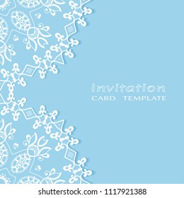 Invitation or Card template with lacy border pattern, cutout paper, mandala frame element. Decorative openwork filigree art, lace background for Wedding, Valentine's day greeting cards, Birthday Invit
