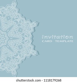 Invitation or Card template with lacy border pattern, cutout paper, mandala frame element. Decorative openwork filigree art, lace background for Wedding, Valentine's day greeting cards, Birthday Invit