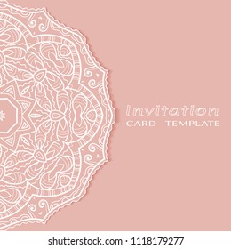 Invitation or Card template with lacy border pattern, cutout paper, mandala frame element. Decorative openwork filigree art, lace background for Wedding, Valentine's day greeting cards, Birthday Invit