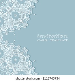 Invitation or Card template with lacy border pattern, cutout paper, mandala frame element. Decorative openwork filigree art, lace background for Wedding, Valentine's day greeting cards, Birthday Invit