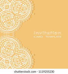 Invitation or Card template with lacy border pattern, cutout paper, mandala frame element. Decorative openwork filigree art, lace background for Wedding, Valentine's day greeting cards, Birthday Invit