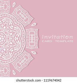 Invitation or Card template with lacy border pattern, cutout paper, mandala frame element. Decorative openwork filigree art, lace background for Wedding, Valentine's day greeting cards, Birthday Invit