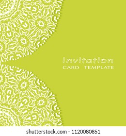 Invitation or Card template with lacy border pattern, cutout paper, mandala frame element. Decorative openwork filigree art, lace background for Wedding, Valentine's day greeting cards, Birthday Invit