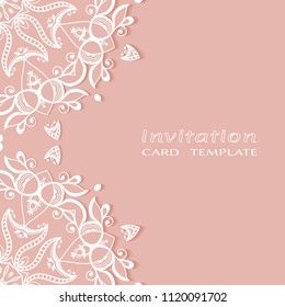 Invitation or Card template with lacy border pattern, cutout paper, mandala frame element. Decorative openwork filigree art, lace background for Wedding, Valentine's day greeting cards, Birthday Invit
